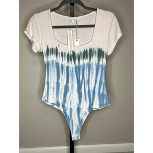 Olivaceous Tie Dye Bodysuit Blue Green Ribbed Scoop Neck NWT Size Large